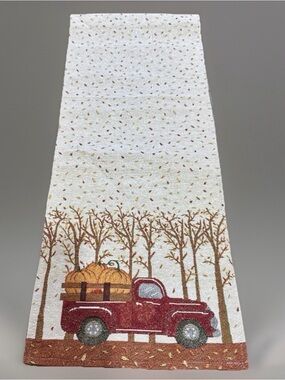 Fall Harvest Table Runner Red Pickup Truck Pumpkins Autumn Leaves 68” Long